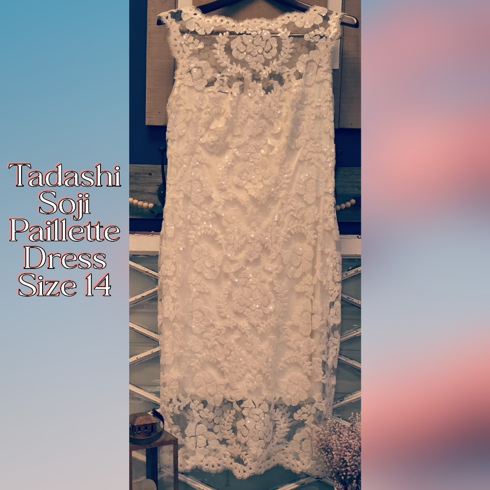 Tadashi Shoji Paillette Ivory Lace & Sequin Sheath Dress NWOT